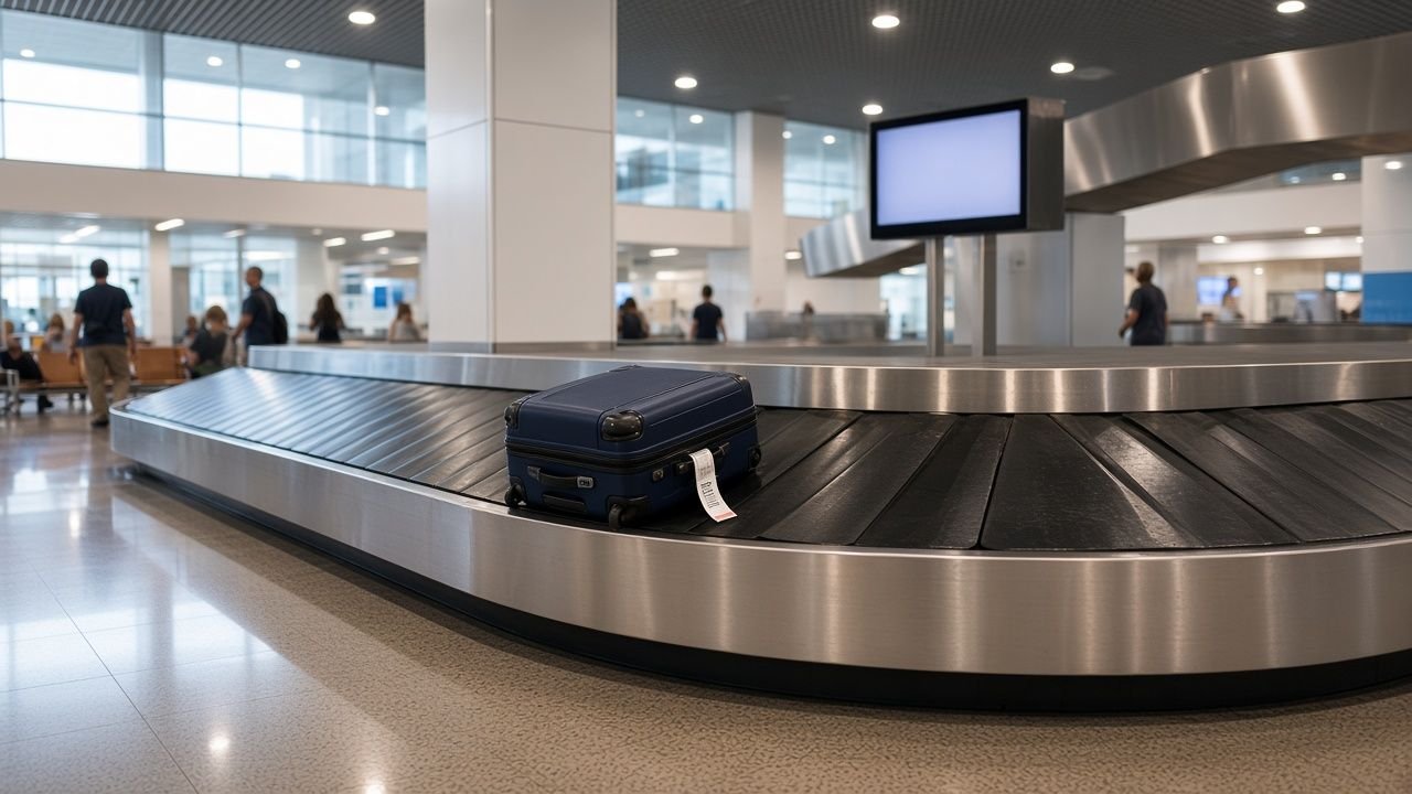 A single navy hard-shell suitcase going round an otherwise empty baggage carousel