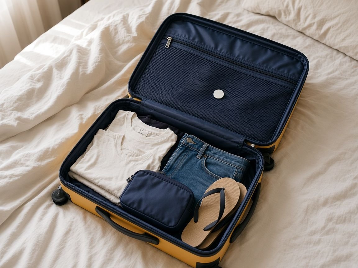 An open mustard-yellow suitcase with a navy lining and a small white disc tracker tucked into the mesh pocket of the lid
